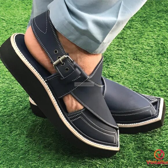 Men’s Classic Black Leather Sandals | Custom Handmade Leather Peshawari Sandals - Picture 4 of 9